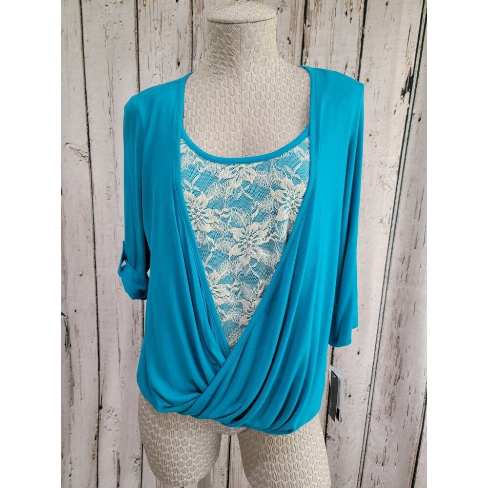 AGB Women's Small Teal Twist Front Lace Layered 3/4 Sleeve Blouse Shift‎ Top new
